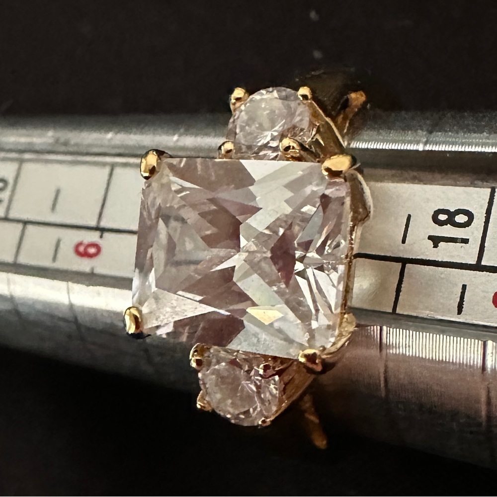 GET ENGAGED Emerald Cut Rectangular CZ 3 Stone Gold Ring Size 7 - Picture 2 of 8